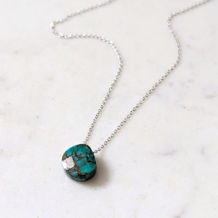 silver necklace with turquoise faceted December birthstone pendant 