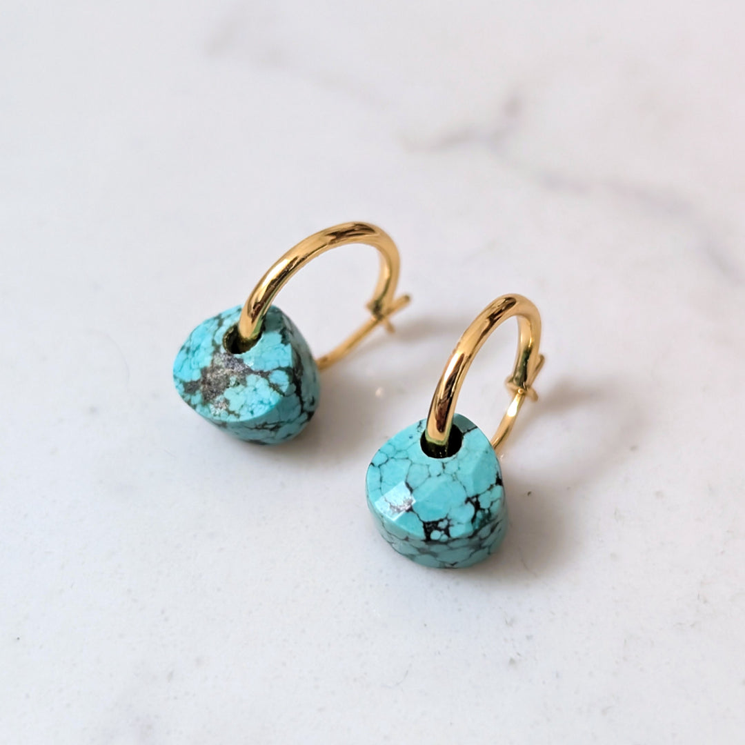 gold earring hoops with turquoise faceted teardrop December birthstone earring charms