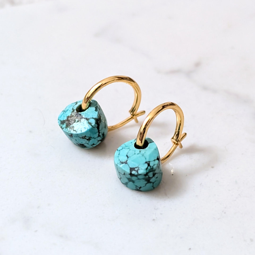 gold earring hoops with turquoise faceted teardrop December birthstone earring charms