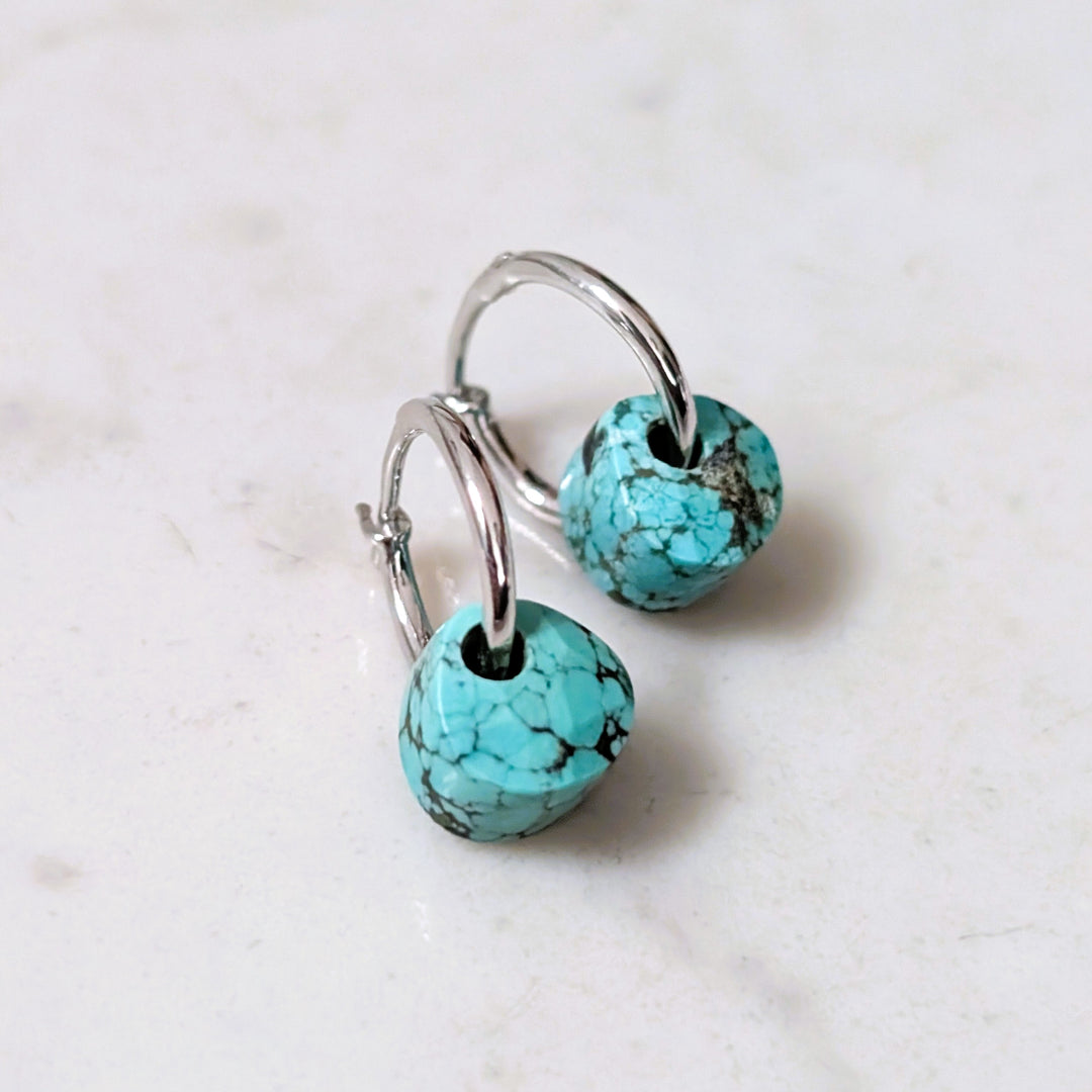 silver hoop earrings with Turquoise faceted December birthstone earrings charms