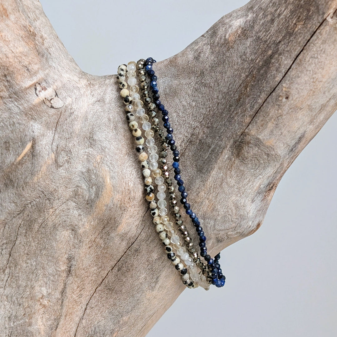 dalmatian jasper, lapis lazuli, pyrite and citrine gemstone 2mm faceted bead bracelet set 
