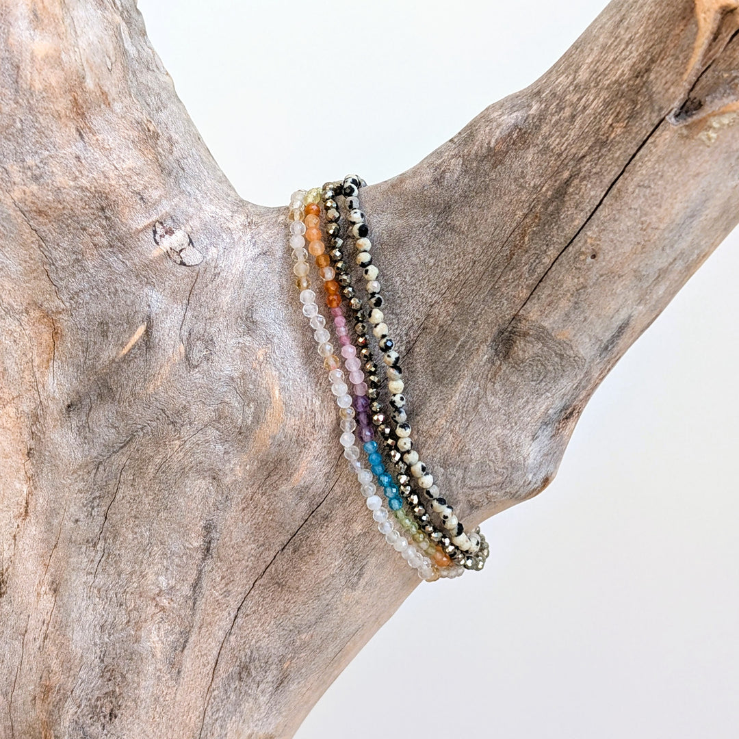 rainbow, citrine, pyrite and dalmatian jasper 2mm faceted bead bracelet set 
