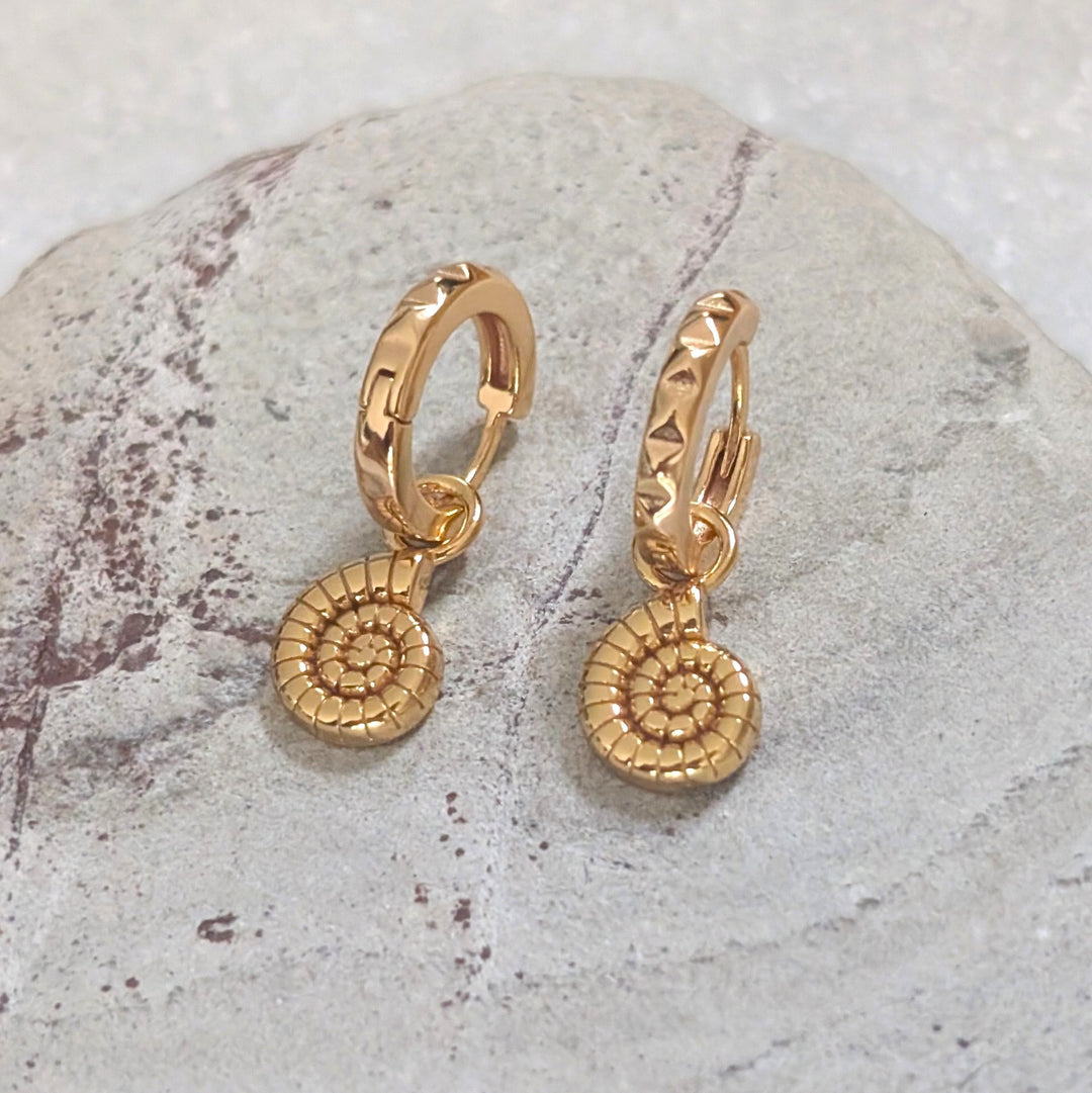 18ct gold plated sterling silver ammonite charm hoop earrings