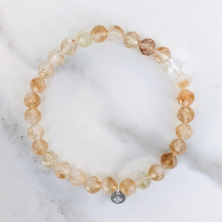 citrine 6mm faceted bead gemstone bracelet with sterling silver disc 