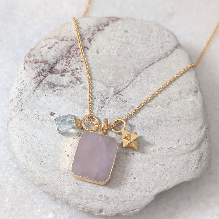 rose quartz, aquamarine and tetrahedron charm pendant necklace 