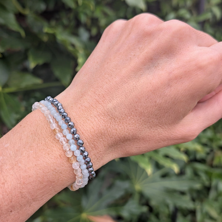 Aries zodiac gemstone bracelet set comprising hematite, citrine and aquamarine beaded bracelets