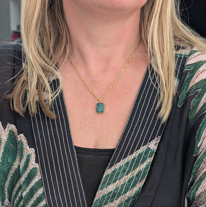 Gold rectangular Emerald pendant necklace with paperclip chain