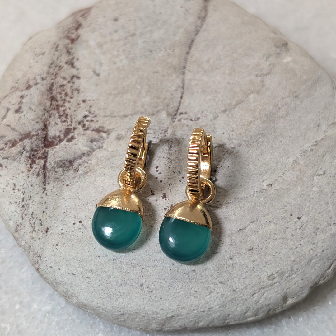 gold green onyx gemstone hoop earrings