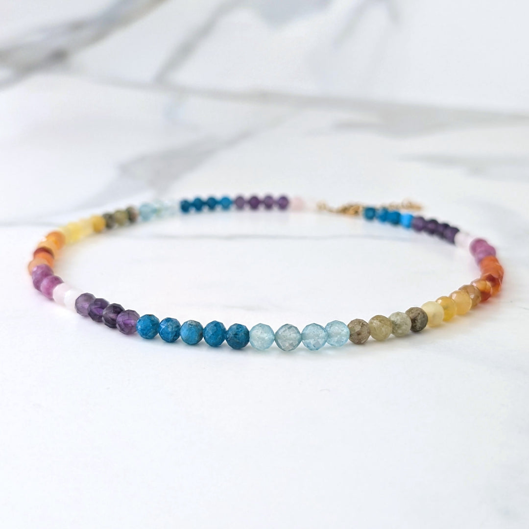 good vibes rainbow gemstone bracelet with 6mm faceted beads