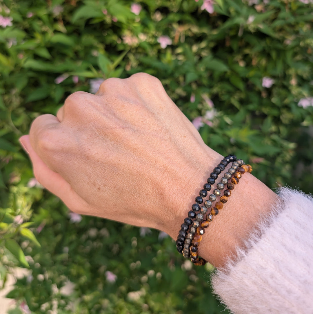 Strength, Confidence and Protection Gemstone Bracelet Set.  Pyrite, Tiger's Eye and Obsidian Gemstone Bracelets. 