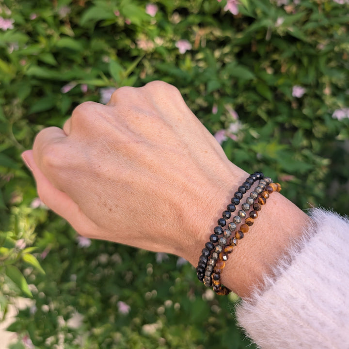 Strength, Confidence and Protection Gemstone Bracelet Set.  Pyrite, Tiger's Eye and Obsidian Gemstone Bracelets. 
