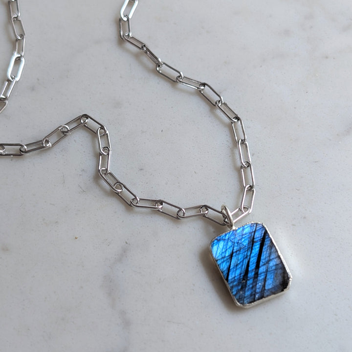 sterling silver labradorite rectangular pendant on paperclip chain