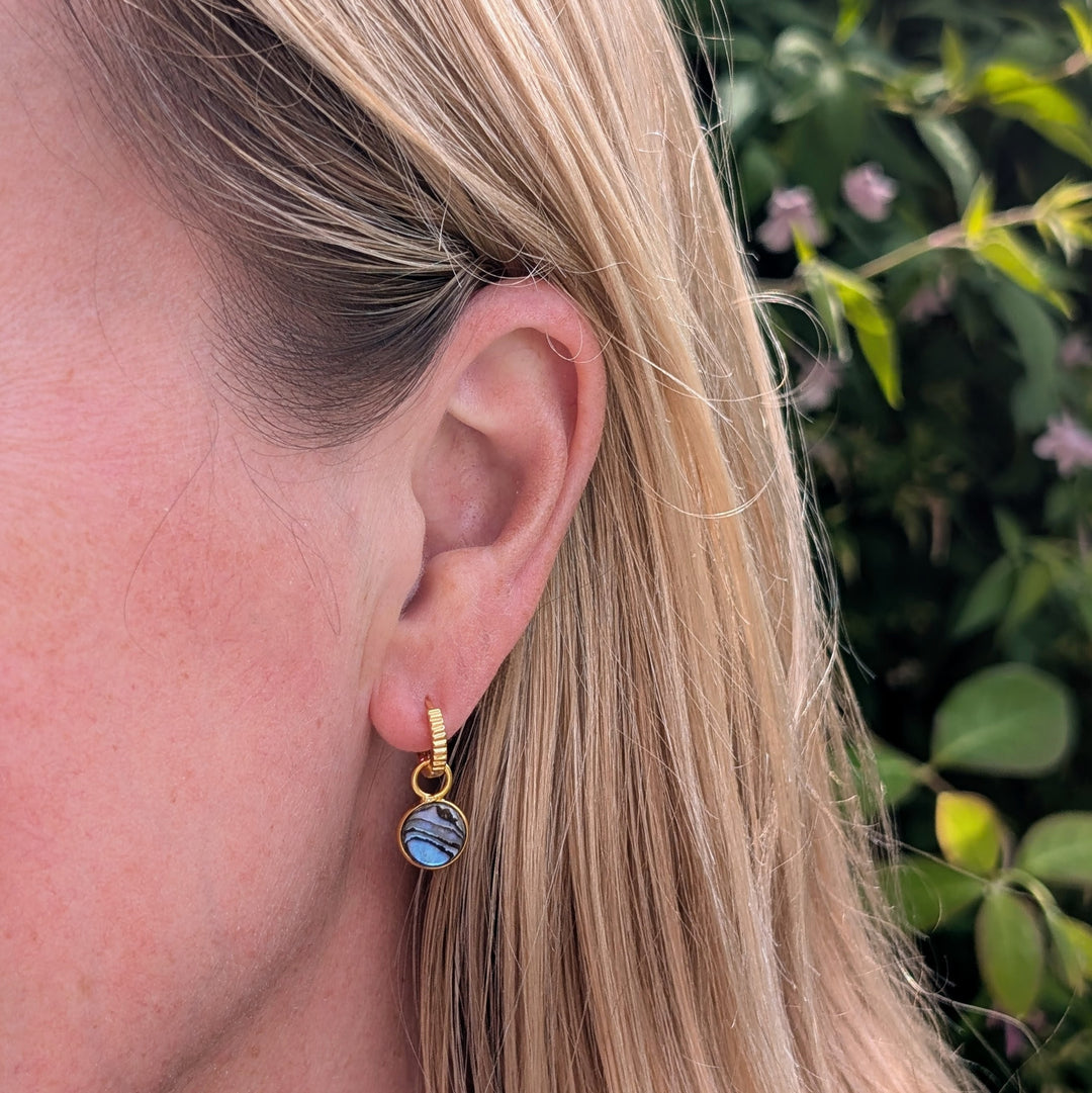 Gold hoop earrings with abalone shell  circular charms
