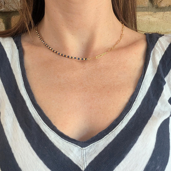 gold lapis lazuli and paperclip chain necklace 