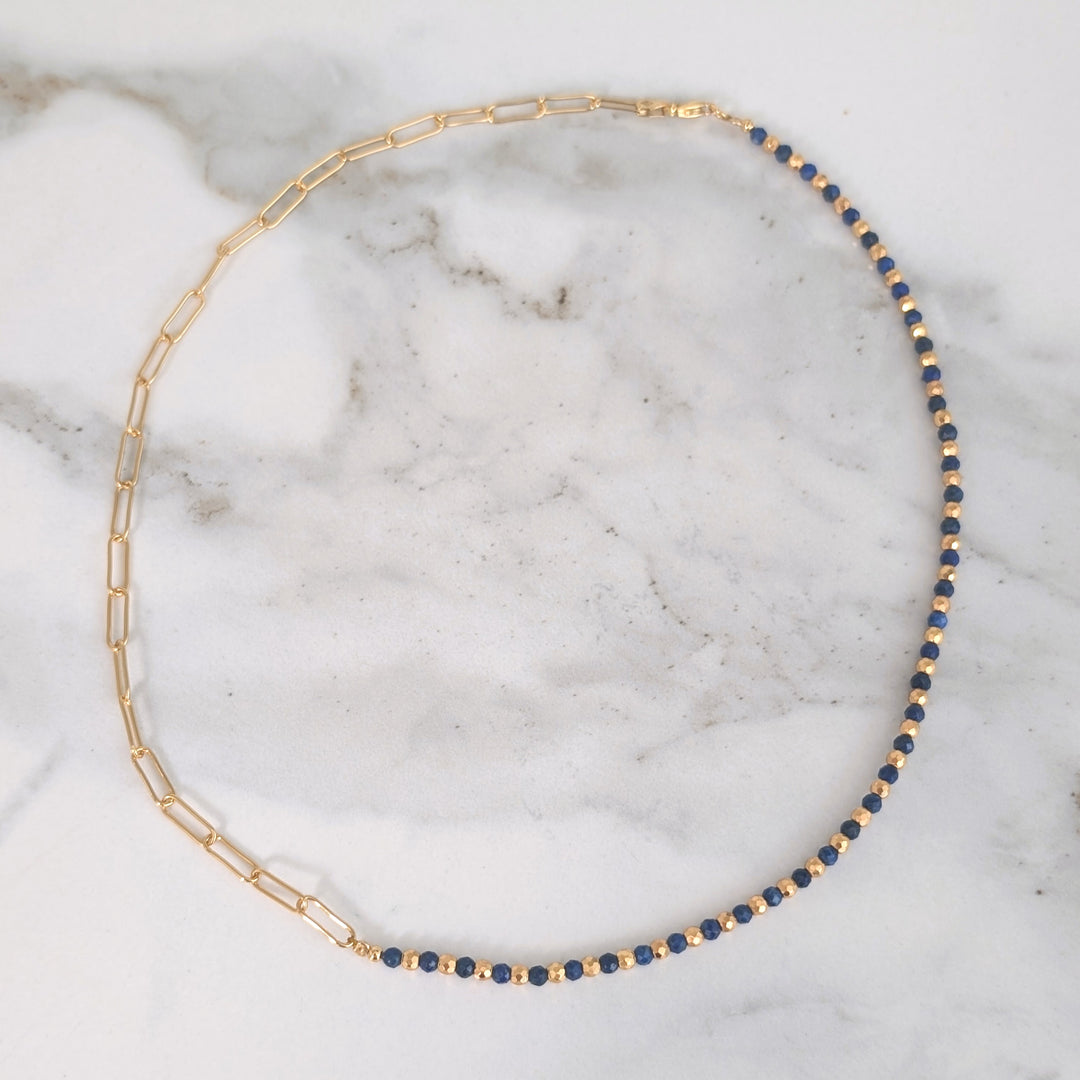 gold lapis lazuli and paperclip chain necklace 