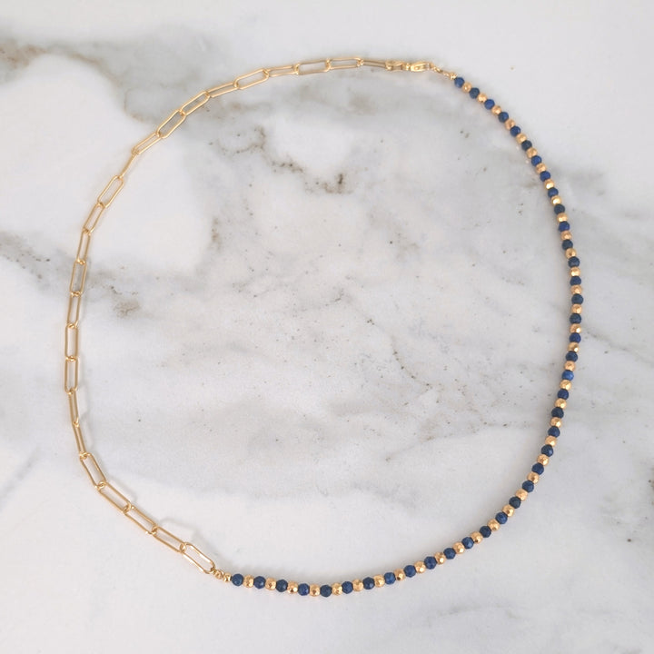 gold lapis lazuli and paperclip chain necklace 