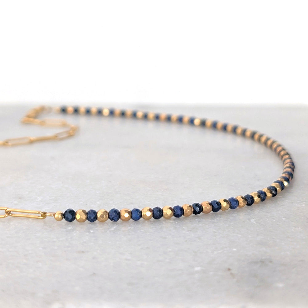 gold lapis lazuli and paperclip chain necklace 