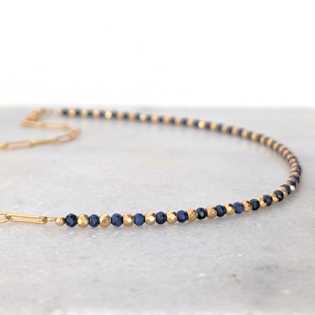 gold lapis lazuli and paperclip chain necklace 