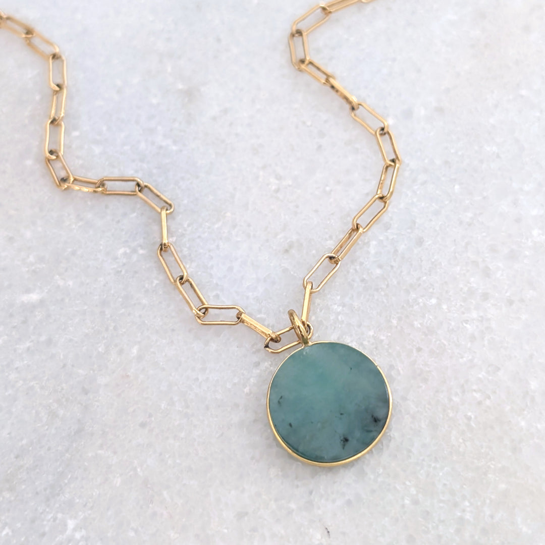 emerald circular pendant on paperclip chain