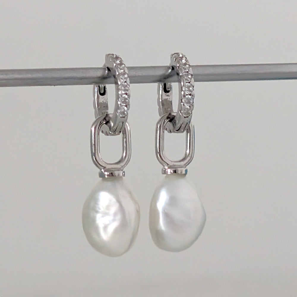 925 sterling silver eternity earring hoops with baroque pearl charms