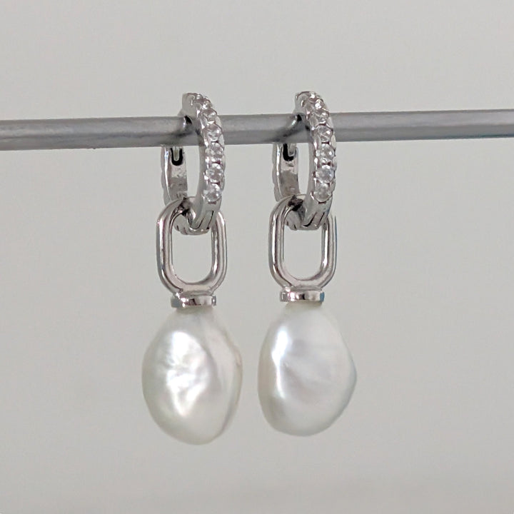 925 sterling silver eternity earring hoops with baroque pearl charms