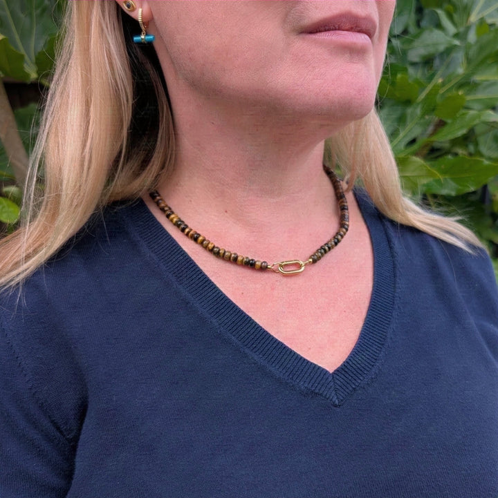 Tiger's Eye Gemstone Beaded Necklace with Oval Gold Clasp.