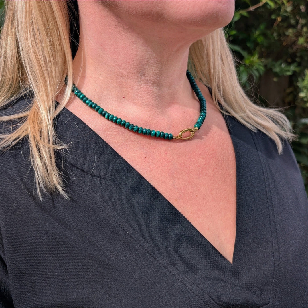 malachite gemstone necklace with gold oval clasp