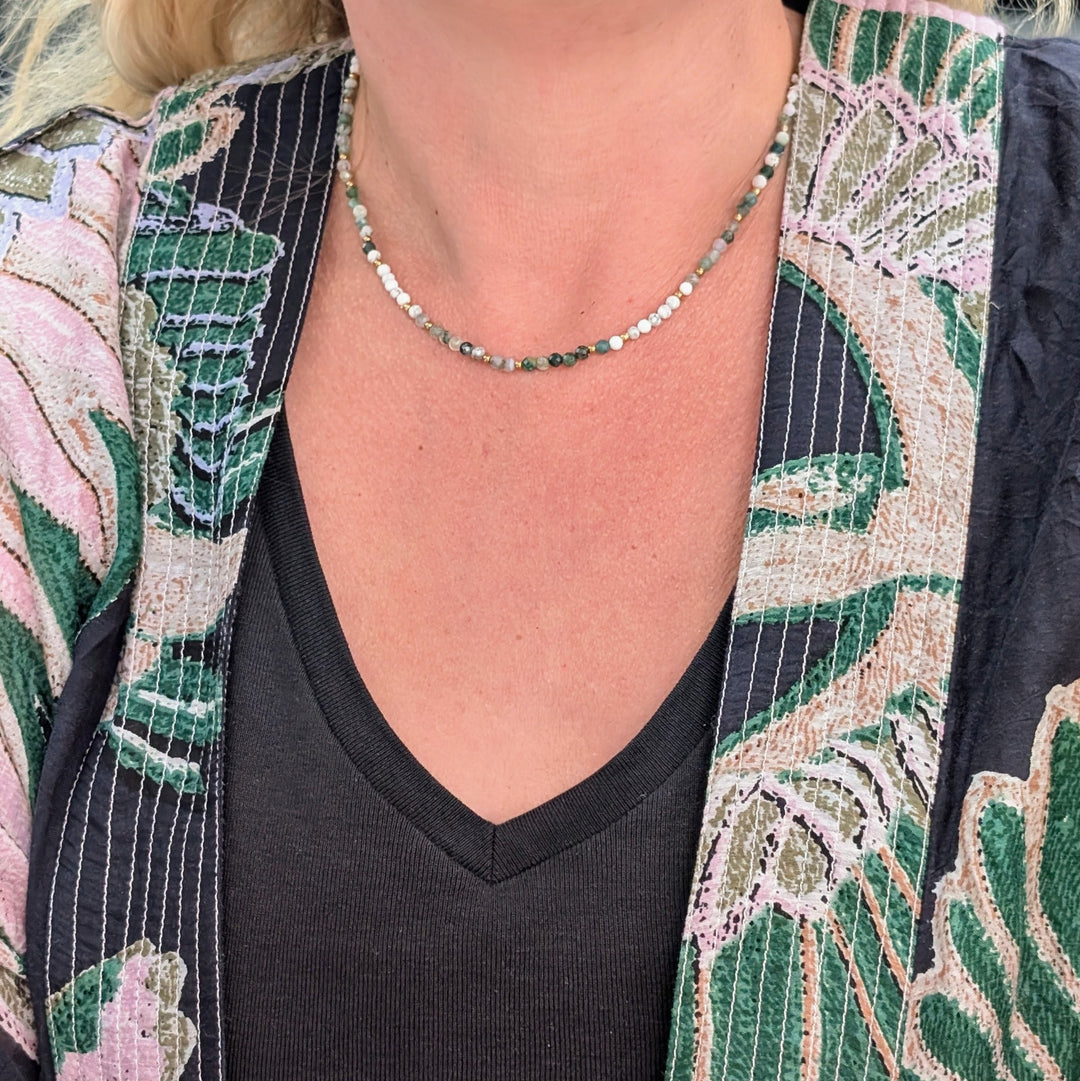 Inner Peace, Balance, Grounding and Abundance Gold Bead Necklace, comprising white howlite, moss agate and tree agate gemstone beads.