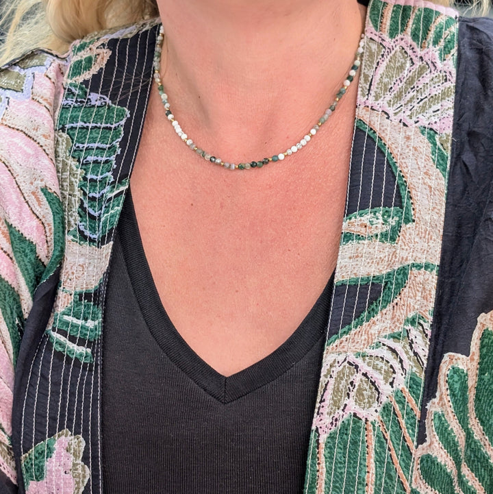 Inner Peace, Balance, Grounding and Abundance Gold Bead Necklace, comprising white howlite, moss agate and tree agate gemstone beads.