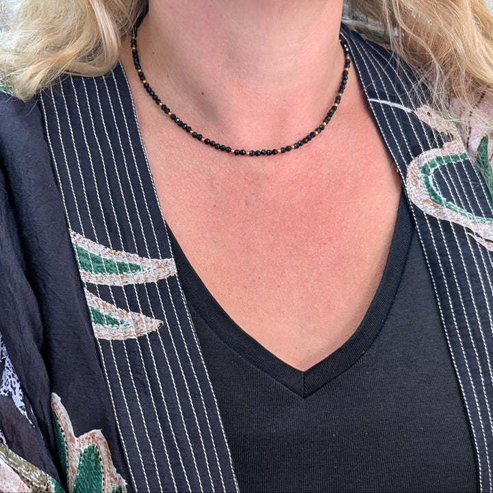 black tourmaline gemstone and gold bead faceted bead necklace 