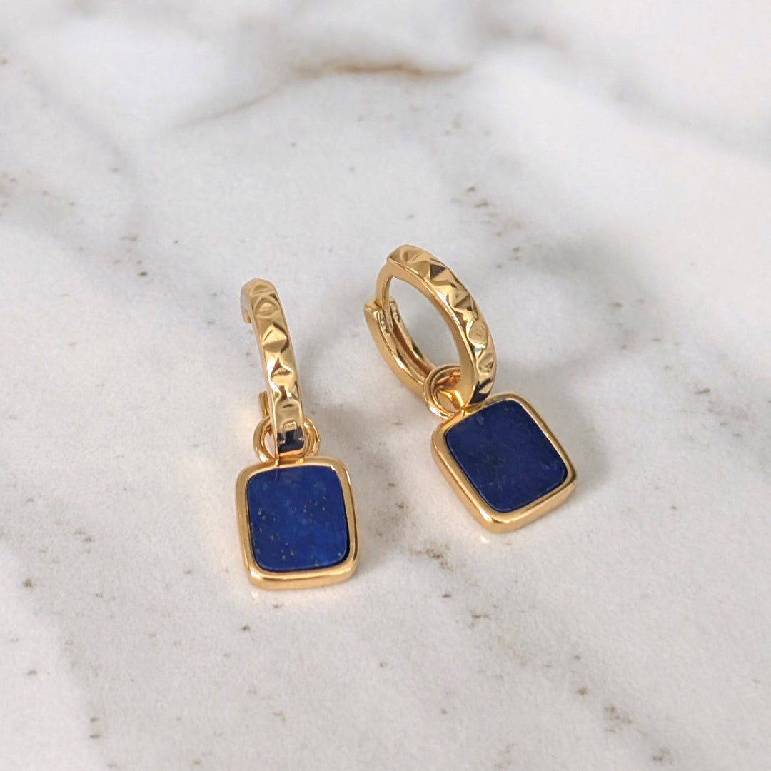 A pair of gold lapis lazuli Athena square charm gemstone hoop earrings 