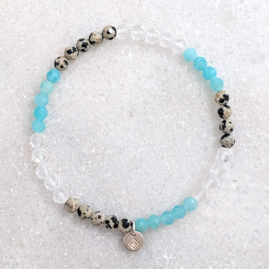 health and wellbeing clear quartz, amazonite and dalmatian jasper gemstone bracelet
