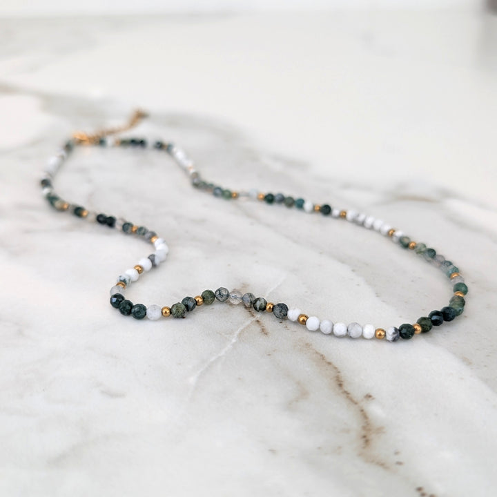 Inner Peace, Balance, Grounding and Abundance Gold Bead Necklace, comprising white howlite, moss agate and tree agate gemstone beads.