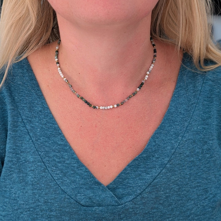 Inner Peace, Balance, Grounding and Abundance Gold Bead Necklace, comprising white howlite, moss agate and tree agate gemstone beads.