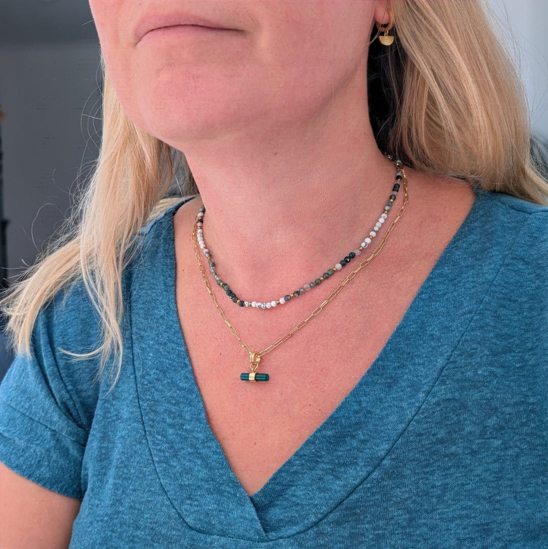 Inner Peace, Balance, Grounding and Abundance Gold Bead Necklace, comprising white howlite, moss agate and tree agate gemstone beads.