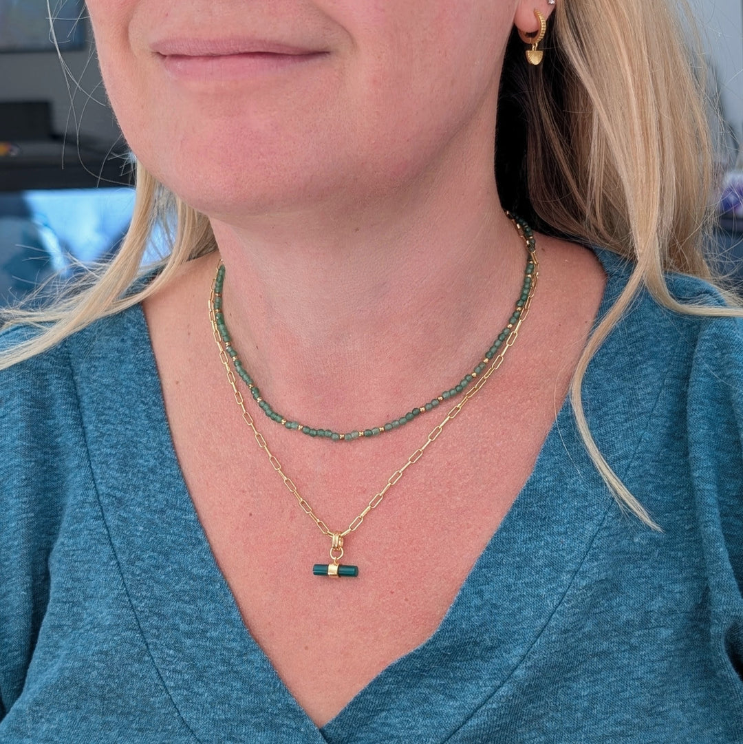 green aventurine 3mm faceted bead gemstone and gold bead necklace 