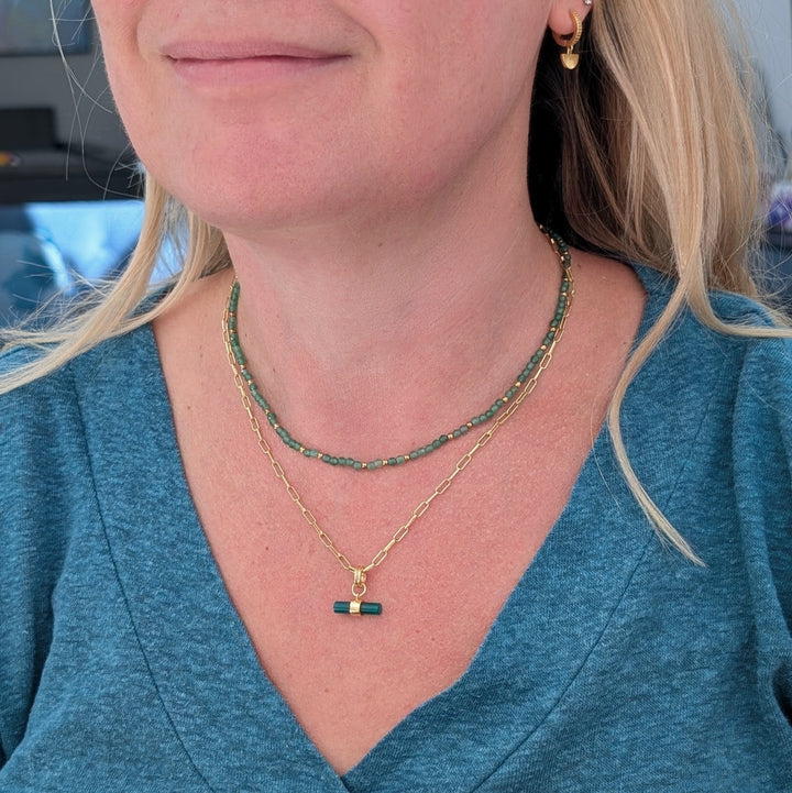green aventurine 3mm faceted bead gemstone and gold bead necklace 
