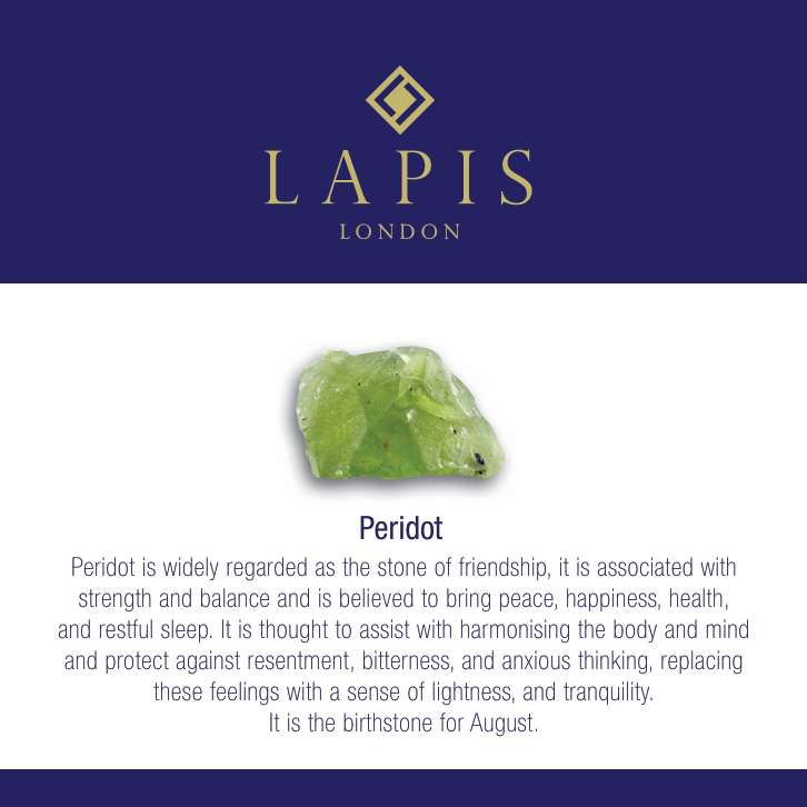 Lapis London peridot gemstone meaning card. 