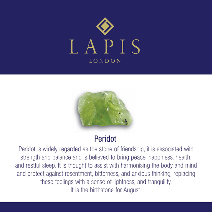 Lapis London peridot gemstone meaning card. 