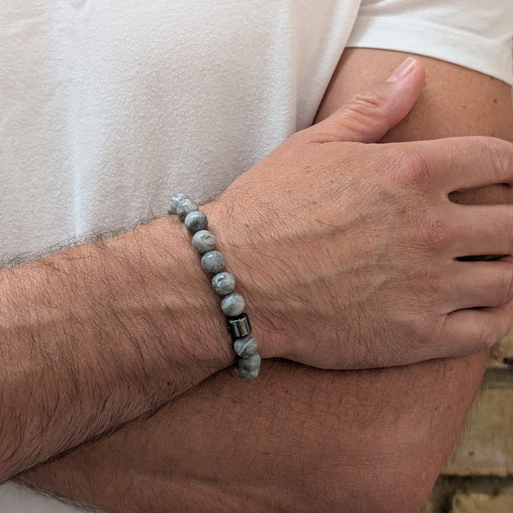 Men's grey picasso jasper 8mm beaded gemstone bracelet.