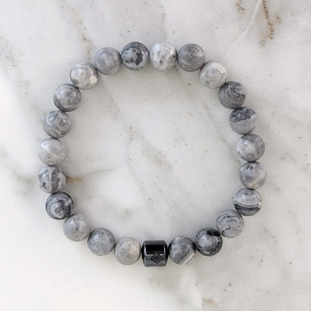 Men's grey picasso jasper 8mm beaded gemstone bracelet.