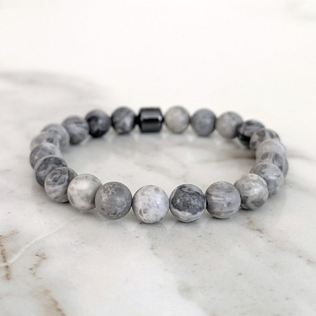 Men's grey picasso jasper 8mm beaded gemstone bracelet.