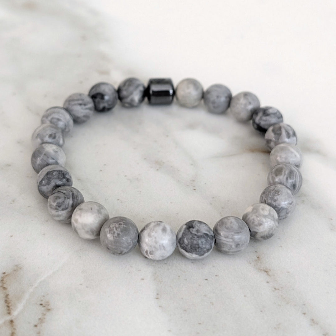 Men's grey picasso jasper 8mm beaded gemstone bracelet.