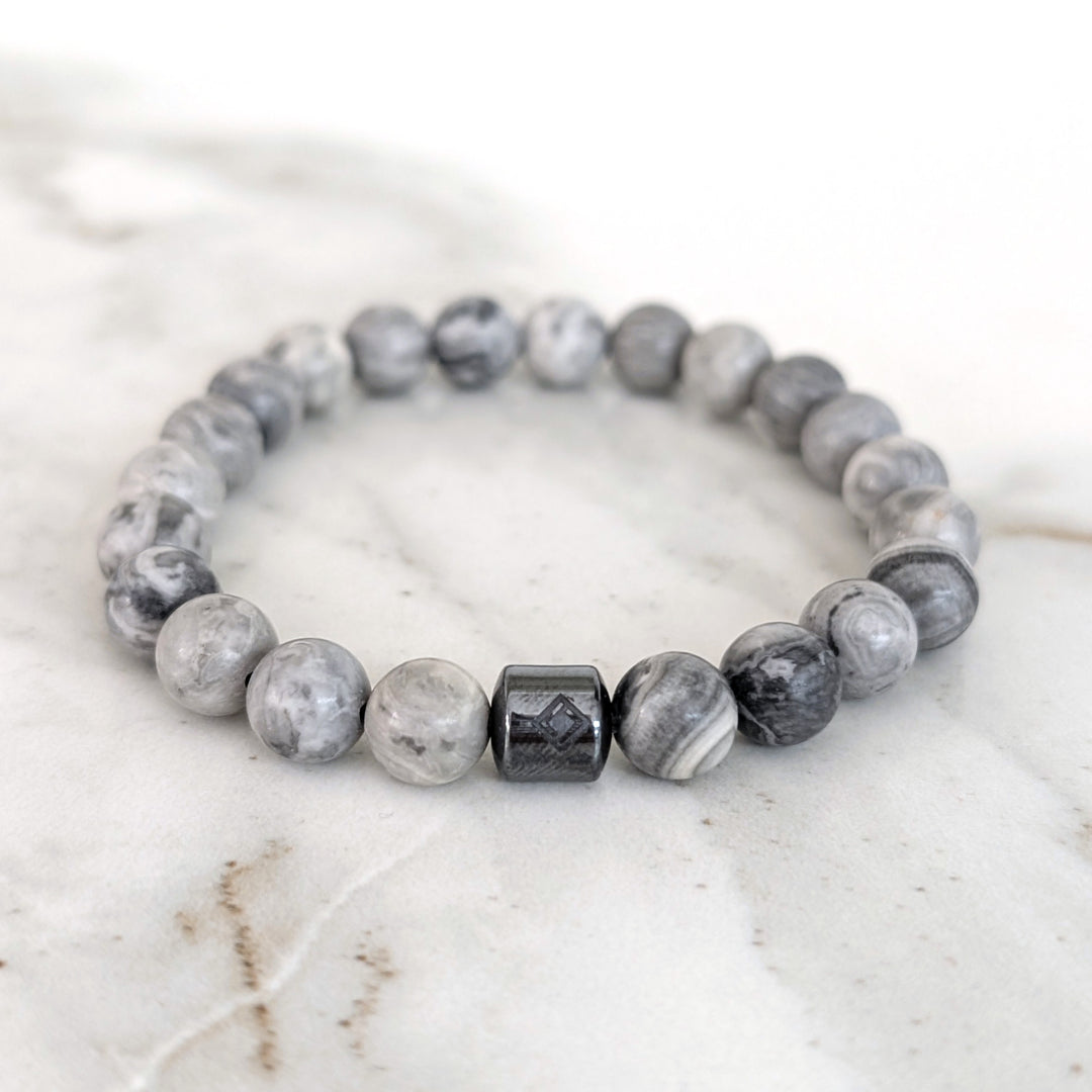 Men's grey picasso jasper 8mm beaded gemstone bracelet.