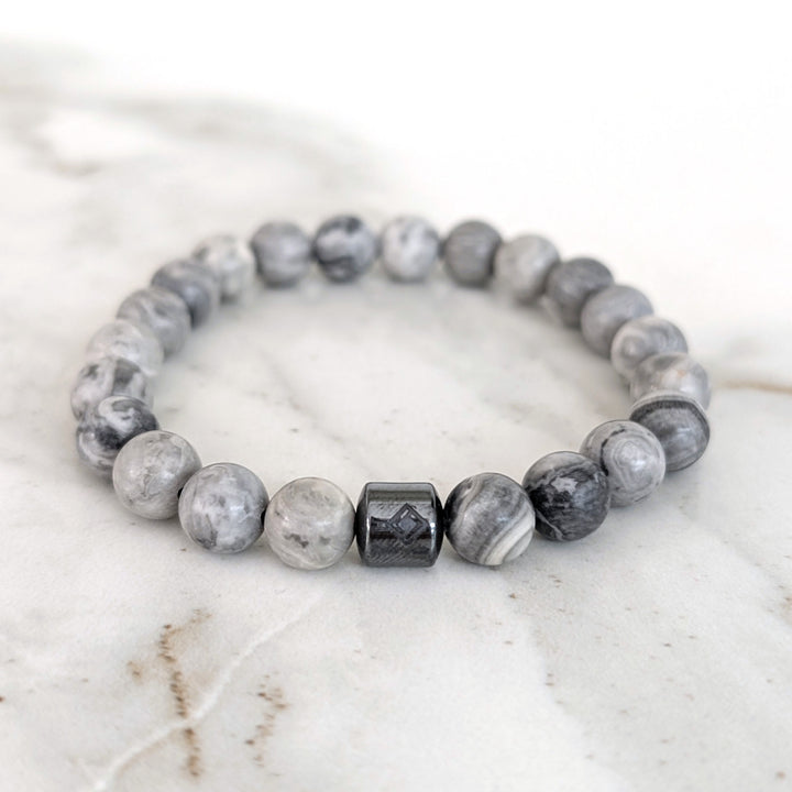 Men's grey picasso jasper 8mm beaded gemstone bracelet.