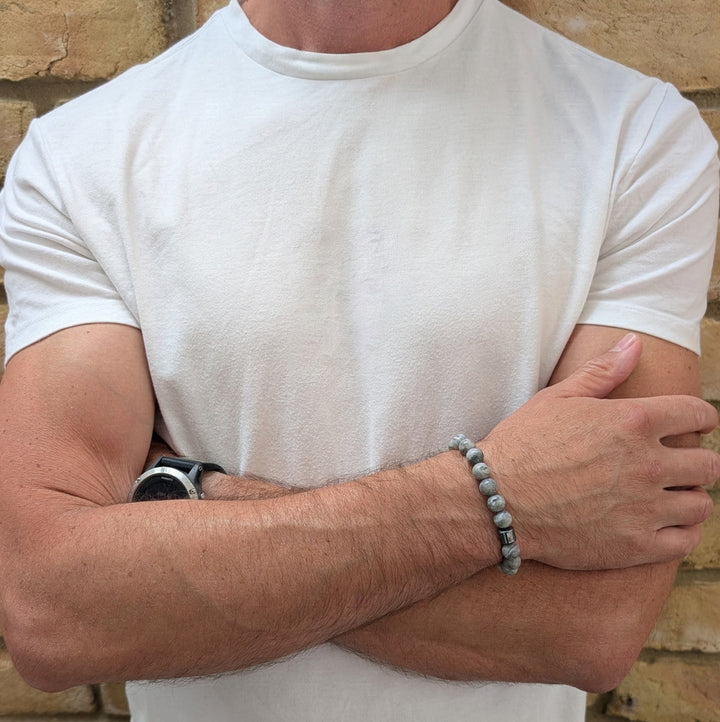 Men's grey picasso jasper 8mm beaded gemstone bracelet.