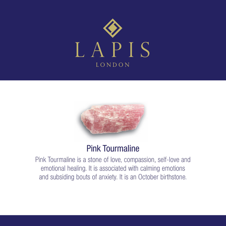 Lapis London pink tourmaline gemstone meaning card.
