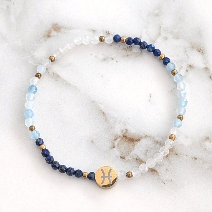 Moonstone, Lapis Lazuli and Aquamarine Pisces Zodiac Gemstone Bracelet 