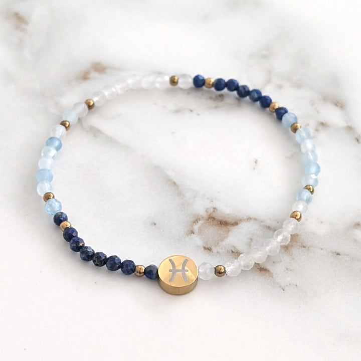 Moonstone, Lapis Lazuli and Aquamarine Pisces Zodiac Gemstone Bracelet 