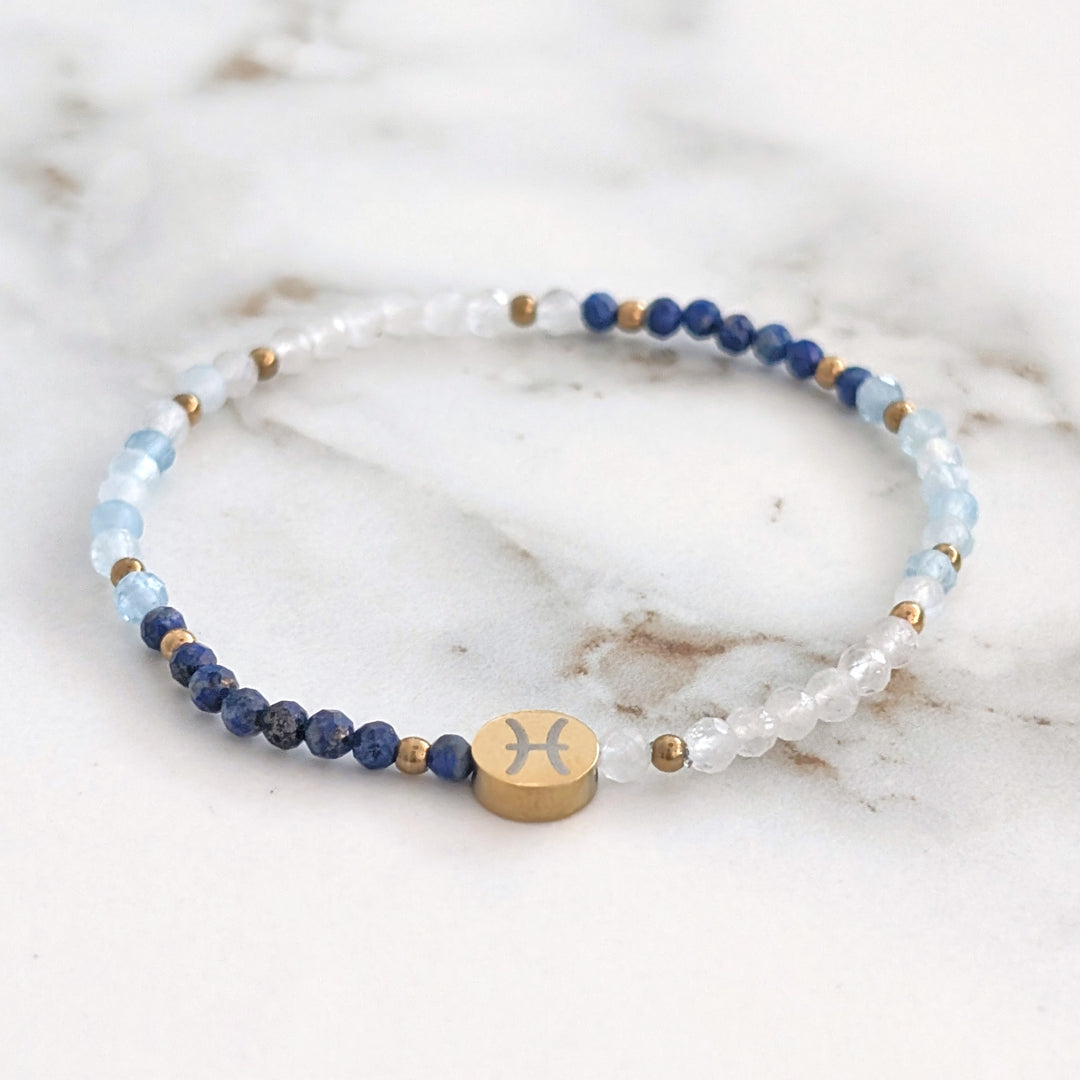 Moonstone, Lapis Lazuli and Aquamarine Pisces Zodiac Gemstone Bracelet 
